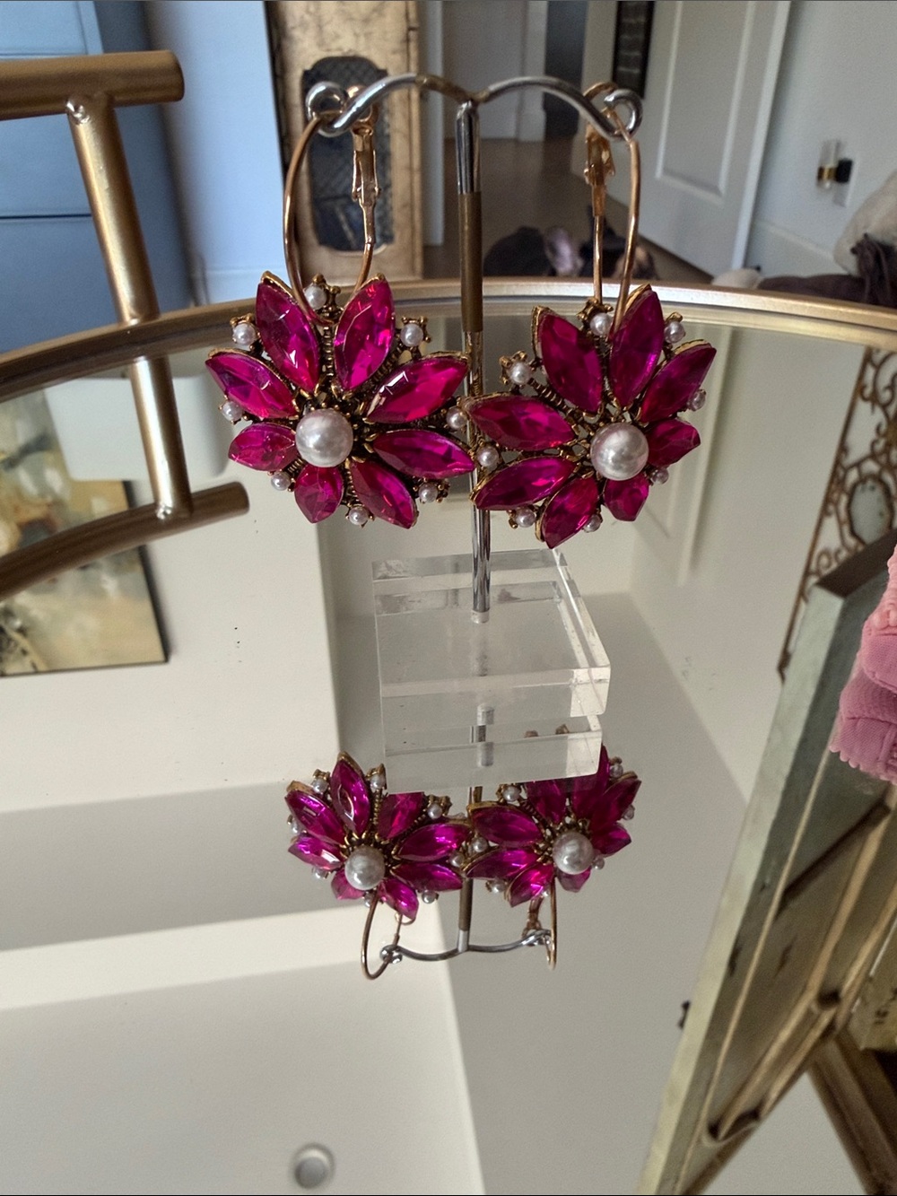 Gold Hoop Earrings with Fuchsia Crystal Flower and Pearl Center